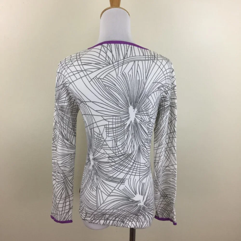 BCBGMAXAZRIA White Black Beads Floral Print Purple Trim Silk Blend Sweater - Picture 5 of 15